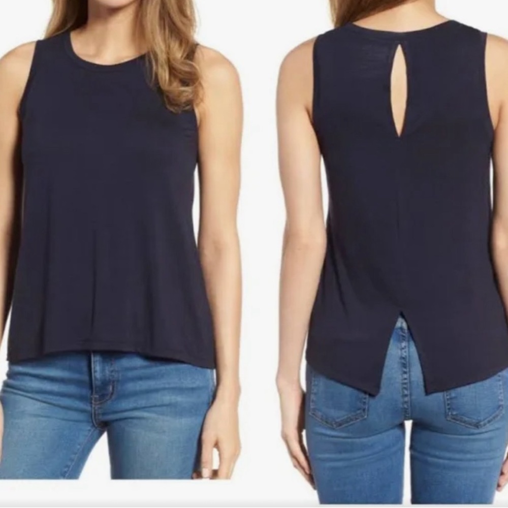 Halogen Navy Keyhole Crewneck Vented Back Tank Top  XS